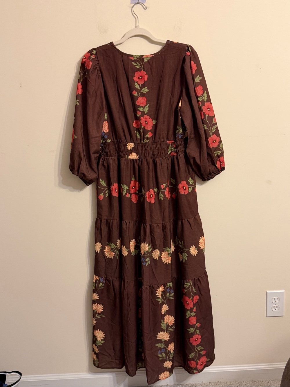 Polagram NWT Brown Floral Smocked Waist Tiered Boho Maxi Dress - Picture 4 of 5